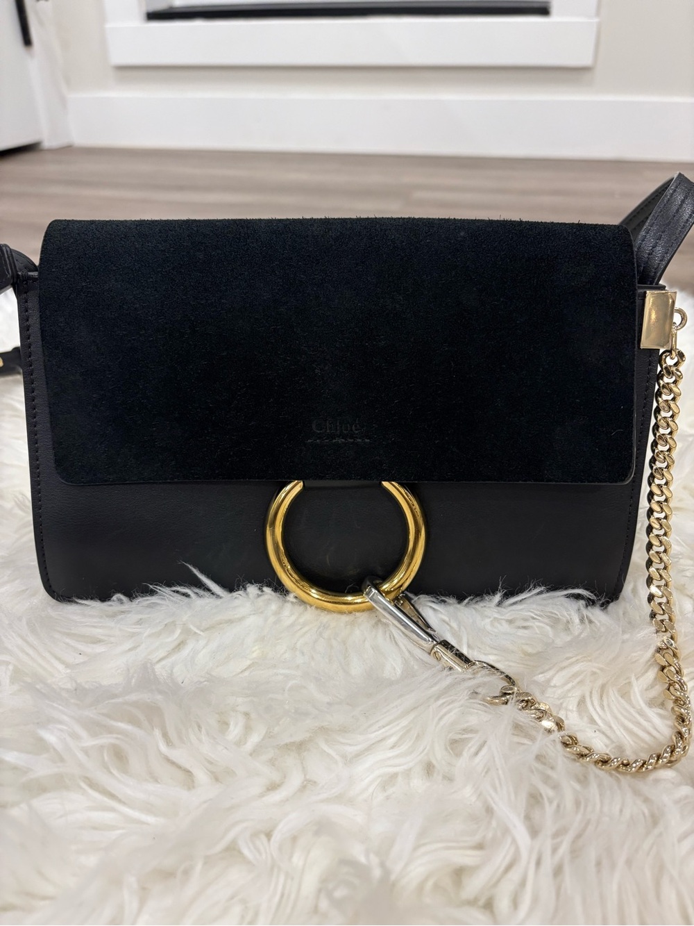 Chloé Black Leather & Suede Faye Crossbody with Gold & Silver Hardware